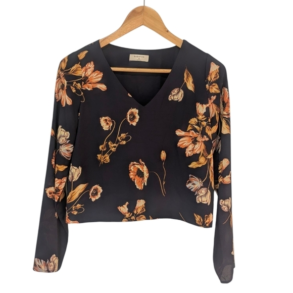 Babaton Murphy Floral Blouse XS | Navy Long Sleeve Fitted Top Aritzia - Picture 2 of 9